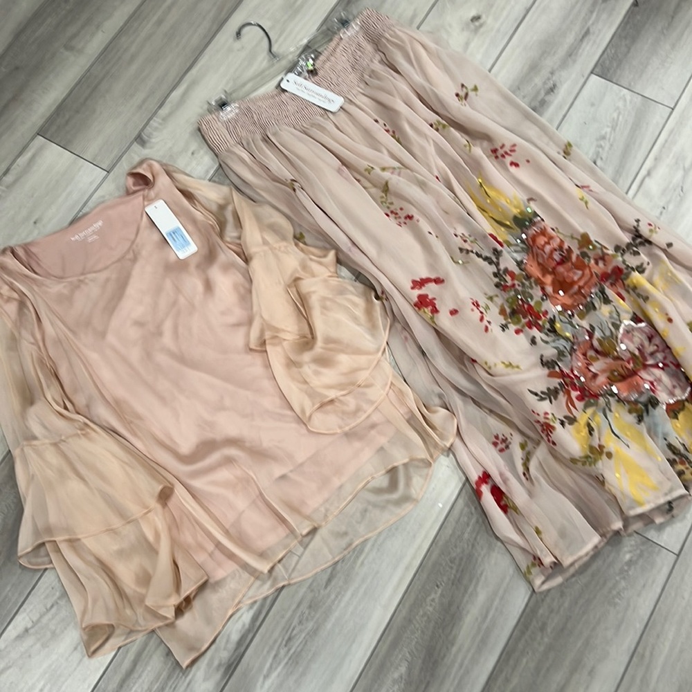 Soft Surroundings sheer/lined flower skirt & top in  salmon dusty-peach color.